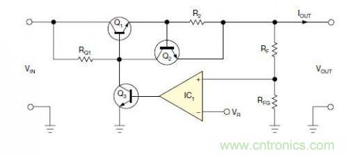 圖1：一個(gè)標(biāo)準(zhǔn)的線性穩(wěn)壓器直接將反饋連接到串聯(lián)導(dǎo)通晶體管上。