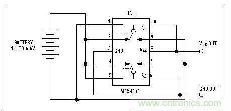 該電路檢測(cè)電池極性，并迅速接通負(fù)載或切換電池極性