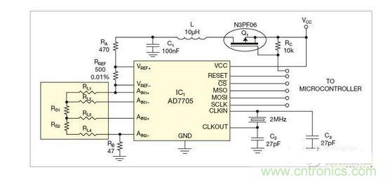 測量電路測三個點的值，微控制器就可以計算出傳感器值
