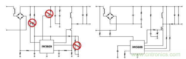 相比前代產(chǎn)品iW3609（左），iW3688（右）采用專利數(shù)字算法，完全消除了外部泄放電路、外部VCC電路和啟動(dòng)電路