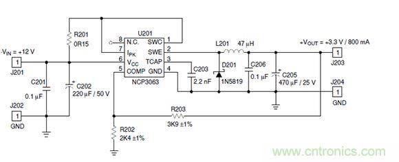 Buck電路應(yīng)用實(shí)例-輸入9～12V，輸出3.3V 800mA電路