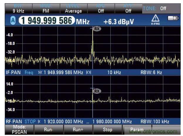 PSCAN停止后顯示雙頻譜，在上方的中頻頻譜更好地顯示干擾信號(hào)