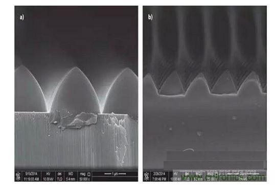 圖案化藍(lán)寶石基板通過(guò)光致抗蝕劑掩膜在電感耦合等離子體干法反應(yīng)性腐蝕保持良好剛性結(jié)構(gòu)（如圖a）,然而，如果光致抗蝕劑掩膜的剛性結(jié)構(gòu)在抗蝕過(guò)程中沒(méi)有得到保持，那么結(jié)果會(huì)很差（如圖b）