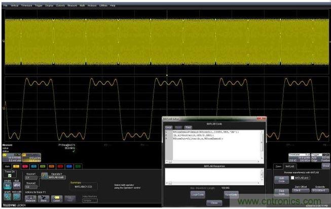 這個嵌入式MATLAB腳本用于解調調頻載波，并顯示調制波形。編輯框允許用戶不離開示波器環(huán)境就能完成腳本的創(chuàng)建或編輯。