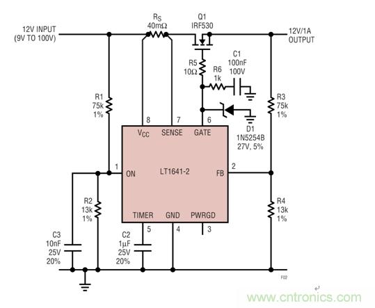 過壓瞬態(tài)保護(hù)器將輸出箝位在24V左右，如果輸入降至低于9V就斷接
