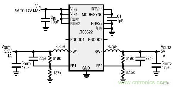 17V輸入、雙路1A輸出的同步降壓型穩(wěn)壓器