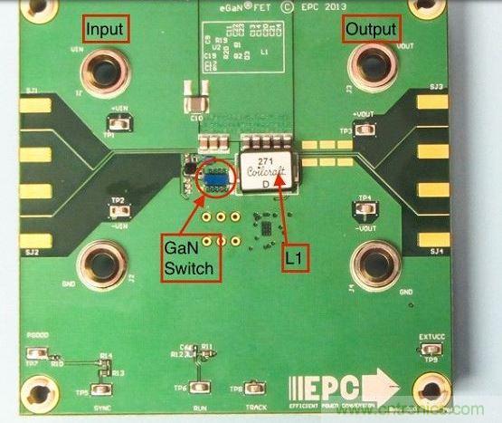 演示板用于顯示GaN的EMI。該GaN組件被圈定，我會在L1左側(cè)測量切換的波形。