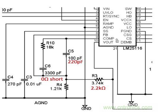 圖4：評估板部分原理圖顯示必須調整分壓器(R3和R4)將輸出電壓從5V改變到3.3V。另外還有其它多處改變。