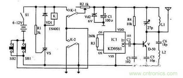 【導(dǎo)讀】隨著環(huán)保意識的增強，電動車已大量進入我們家庭，成為部分人必不可少的交通工具。如何防止電動車被盜則是車主十分關(guān)心的問題，為此，出現(xiàn)了各類電動車防盜鎖。除此之外呢？還有什么好的方法防盜呢？我們?yōu)榇蠹医榻B一款電動車防盜報警器電路圖。  各類電動車防盜鎖大量涌出，但是，電動車被盜現(xiàn)象仍層出不窮，較高級的電動車防盜鎖在短時間內(nèi)難以破壞，盜賊便將電動車搬上其它車輛上盜走，這樣，再高級的防盜鎖也顯得無能為力了。鑒于此，我們?yōu)榇蠹医榻B一款電動車防盜報警器電路圖。 1 報警器發(fā)射機部分是由繼電器K和可控硅VS用來控制發(fā)射機電路的電源。IC1組成警聲信號電路。晶體管V及其外圍元件組成射頻振蕩電路，發(fā)射報警信號。  在等待狀態(tài)時，開關(guān)S1接通，而SB1斷開（即車頭鎖被鎖?。?，K就處在釋放狀態(tài)，報警發(fā)射機不工作。當車頭鎖被打開時（即SB1接通），VS被觸發(fā)導(dǎo)通，K吸合，接通發(fā)射機電源。SB1接通后，K-2的常開點將其自鎖，此時只有斷開S1報警方能結(jié)束。在K動作時，其常閉觸點K-l斷開，切斷發(fā)動機點火電路。  接收機電路由TDA7010和開關(guān)功放TWH8778、TWH68組成。當IC2 收到報警信號時其互腳的高電平通過IC3經(jīng)IC4放大由TWH15放出報警聲。但要考慮到頻率的穩(wěn)定性，因為7010自身沒有頻率穩(wěn)定電路，在工作時要多作檢測，最好用印制板和貼片元件。  按上述操作方法停放車輛后，報警器即進入待報警狀態(tài)。在待報警期間，只要有人無論用什么方法打開車頭鎖或搬移車輛，都將觸發(fā)報警器報警不停，并切斷發(fā)動機電源使車輛無法起動，直至車主人趕來將點火鑰匙插入點火鎖內(nèi)轉(zhuǎn)到關(guān)的位置，報警才能解除。