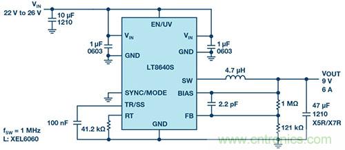 42 V、6 A（峰值7 A）、超低EMI輻射、高效率降壓型穩(wěn)壓器